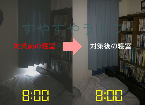 寝室環境の朝日の遮光対策前と対策後の比較写真